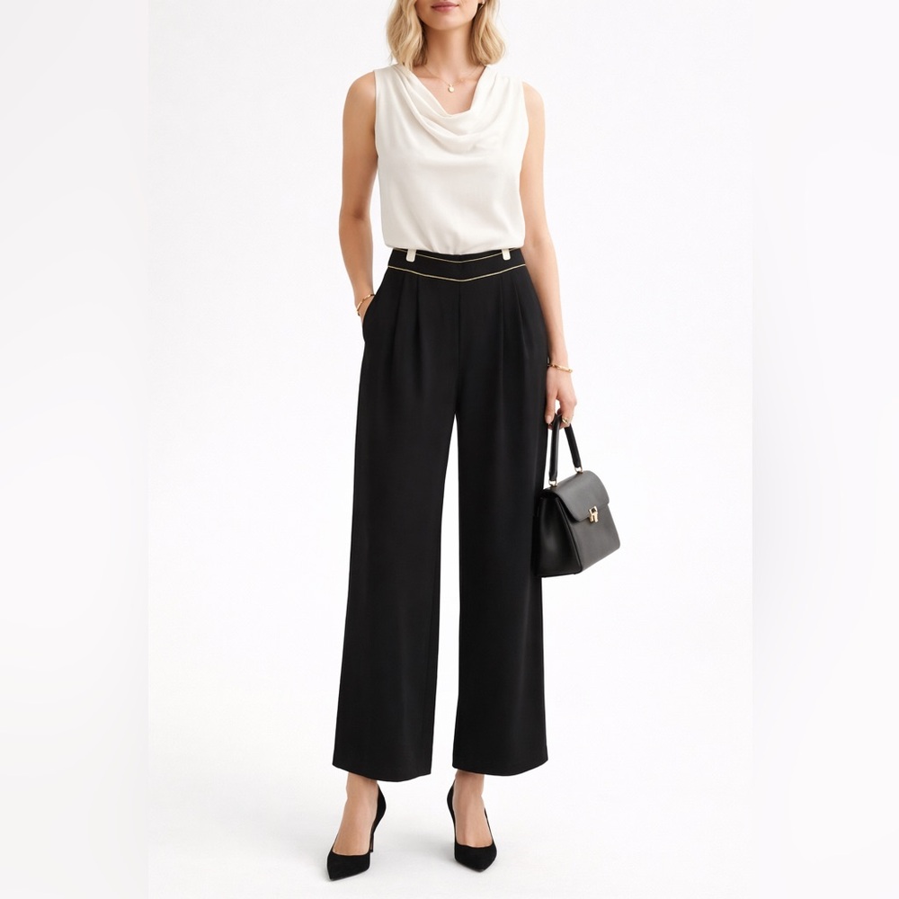 JOSEPH RIBKOFF Black Wide Leg Pants‎ Gold Trim Size 14 Canada Minimalist Chic